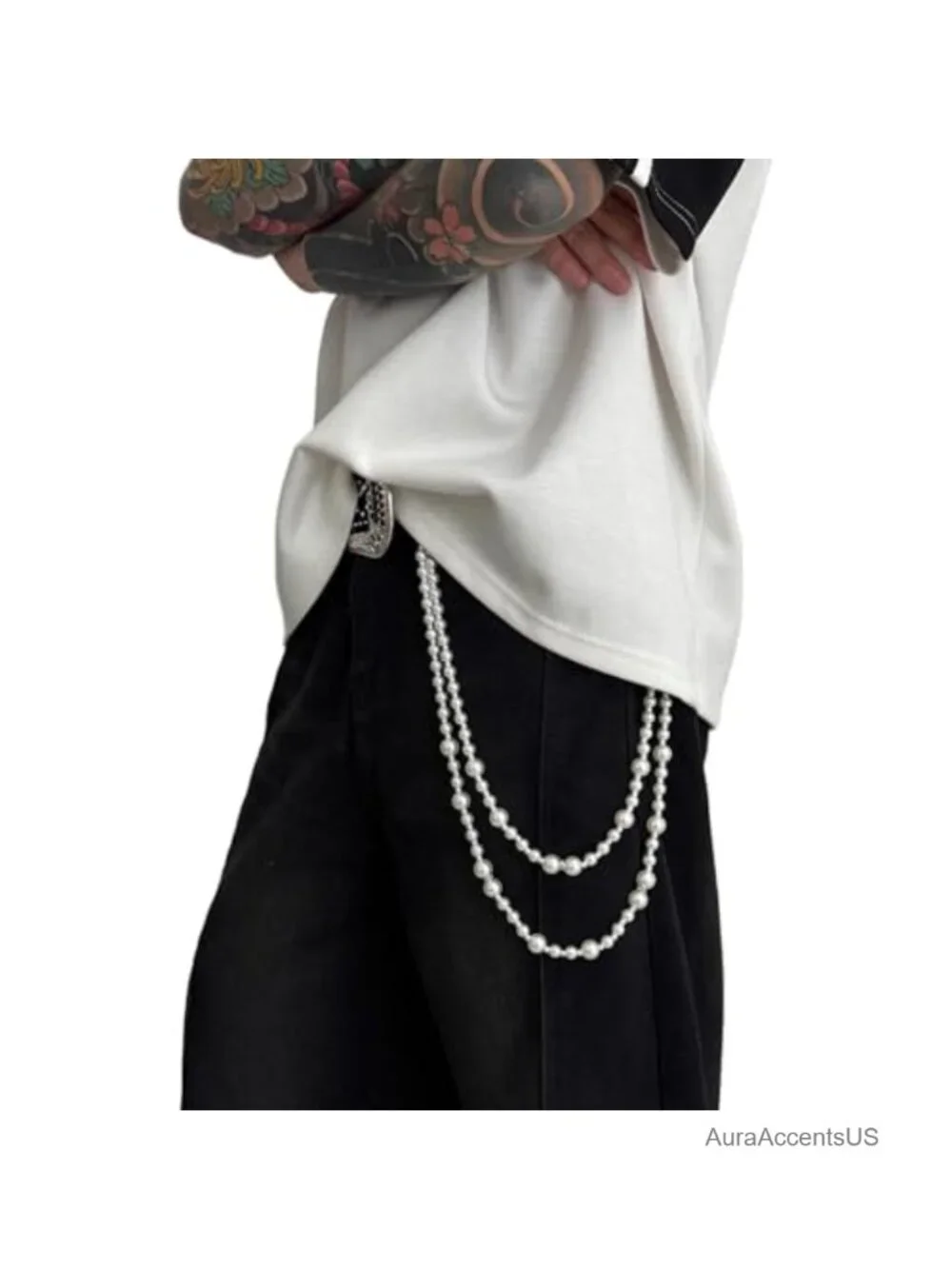 White Pearl Layers Rhinestone Chain Wallet Pants Chain for Men Women